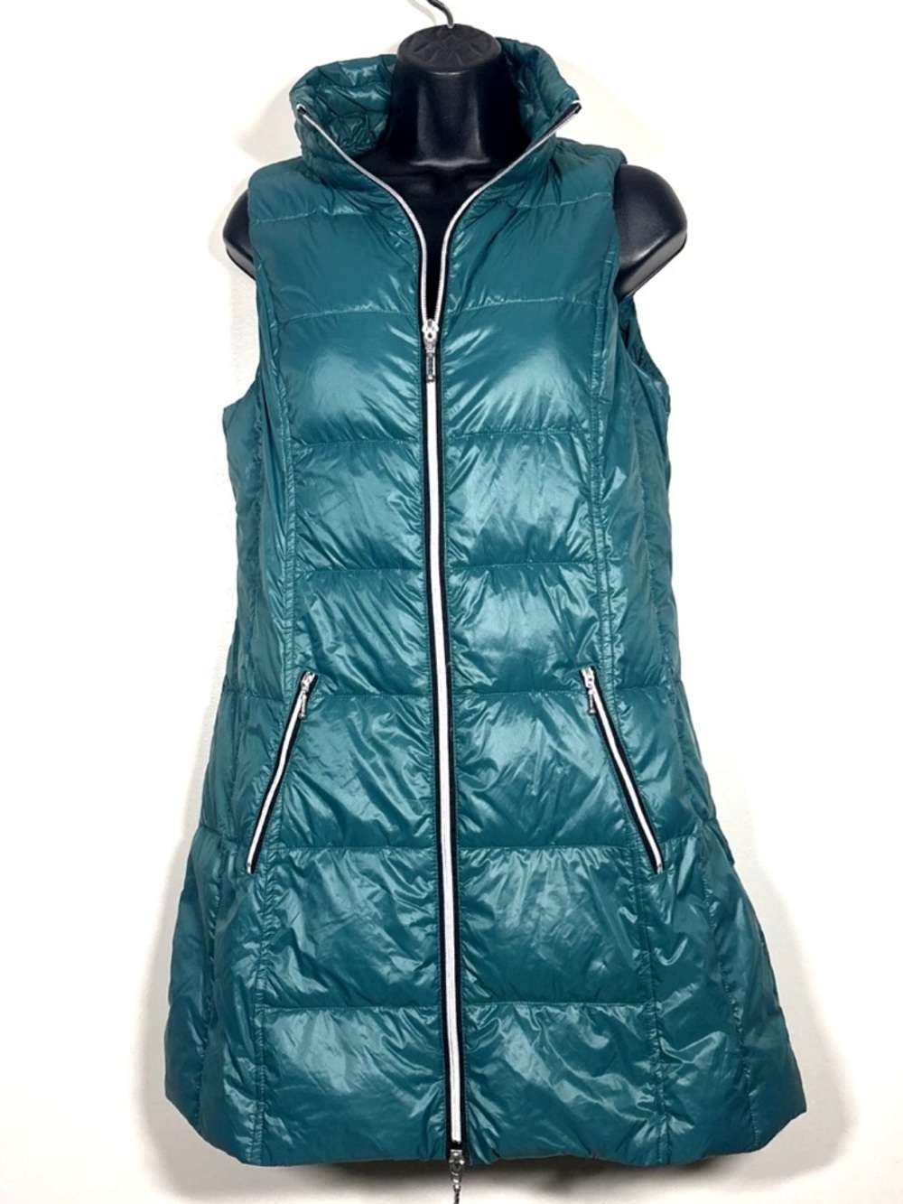 My Anorak Womens  M Long Down feather Vest Puffer Teal Green Nylon packable